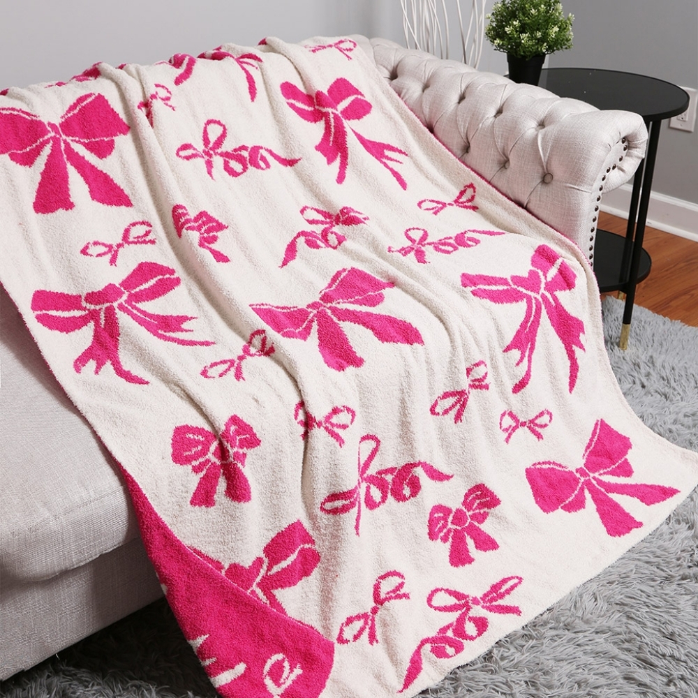 White Fuchsia Pink Ribbon Bows Patterned Blanket Design Reversible Throw